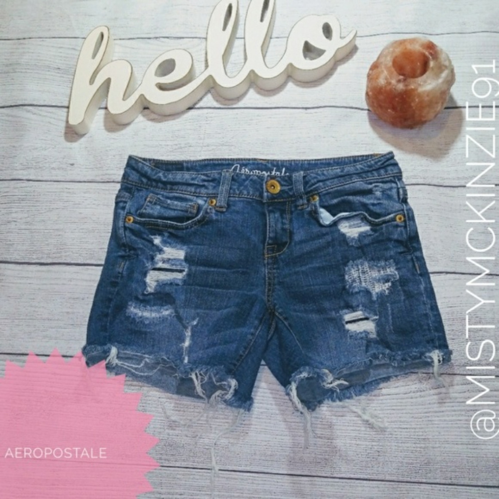 Aeropostale Distressed MIDI Frayed Hem Jean Shorts